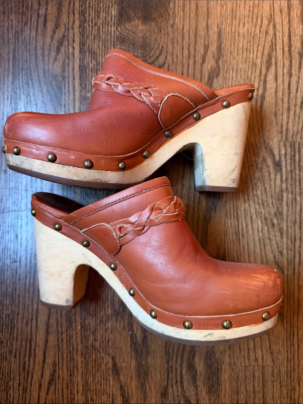 UGG Women's Braided Leather Clog Mules in Chestnut Brown